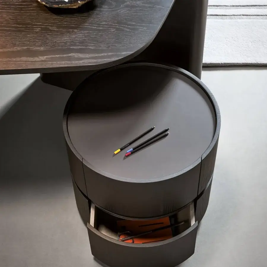 Superior Bonaldo Moneypenny drawer unit built with brushed coal oak veneered wood and lead matt lacquered wood