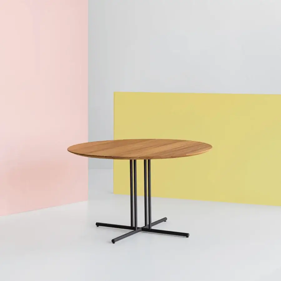Distinguished Potocco Graphic dining table with warm light-brown HPL and sleek black metal geometric base crafted in Italy