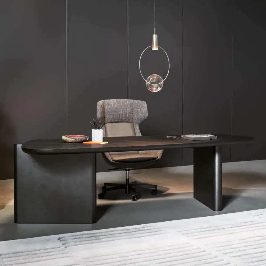 Distinguished Bonaldo Flatiron desk with brushed coal oak veneered wood and brushed lead matt lacquered base, including metal insert