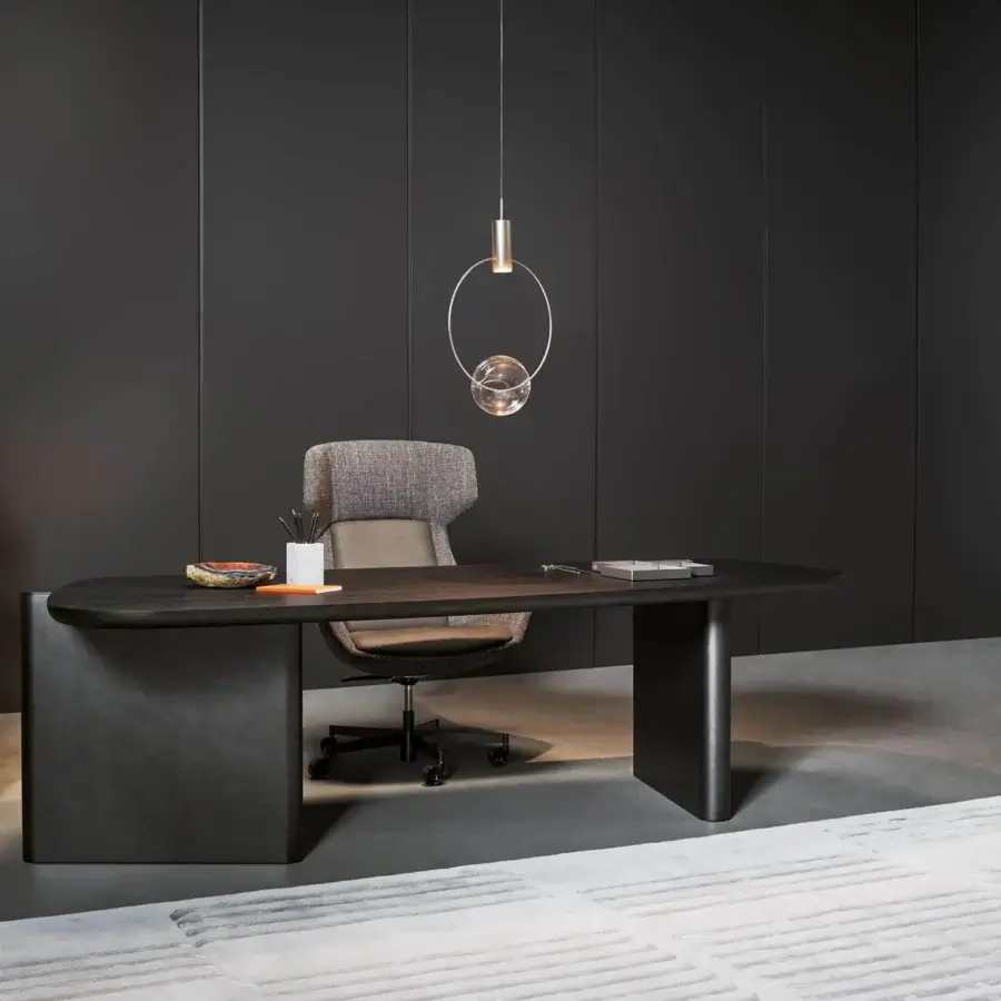 Elegant Bonaldo Flatiron desk with canaletto walnut veneered wood and brushed bronze matt lacquered base incorporating metal accents