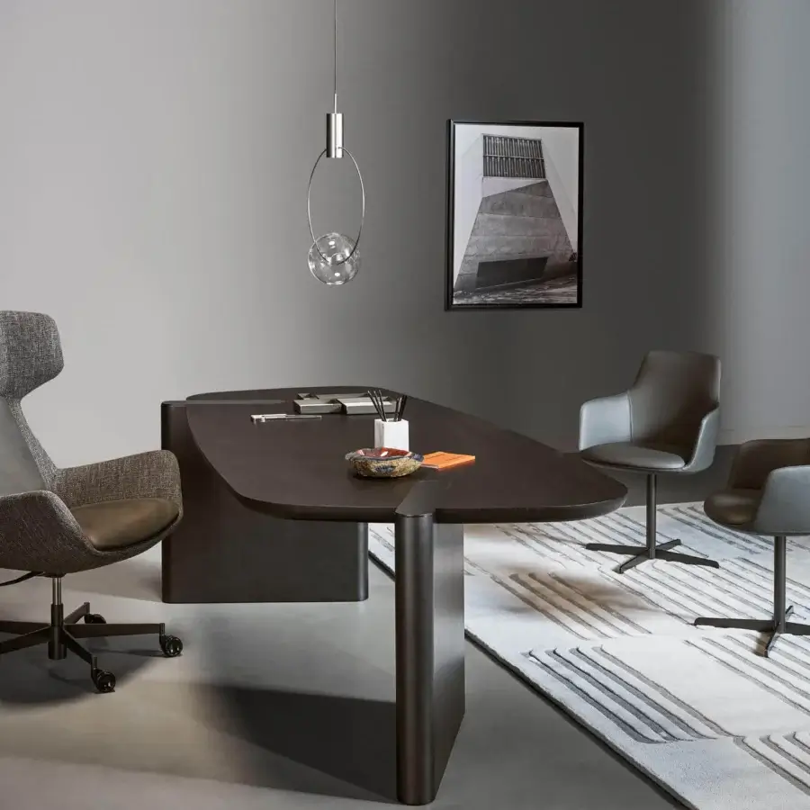 Distinctive Bonaldo Flatiron desk with canaletto walnut veneered wood and brushed bronze matt lacquered wood base