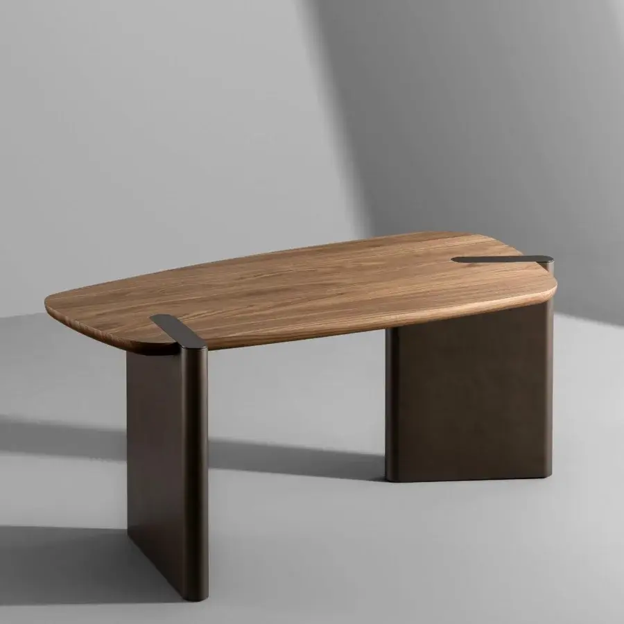 Exceptional Bonaldo Flatiron desk with warm Canaletto walnut veneered wood and brushed bronze matt lacquered supports plus metal insert