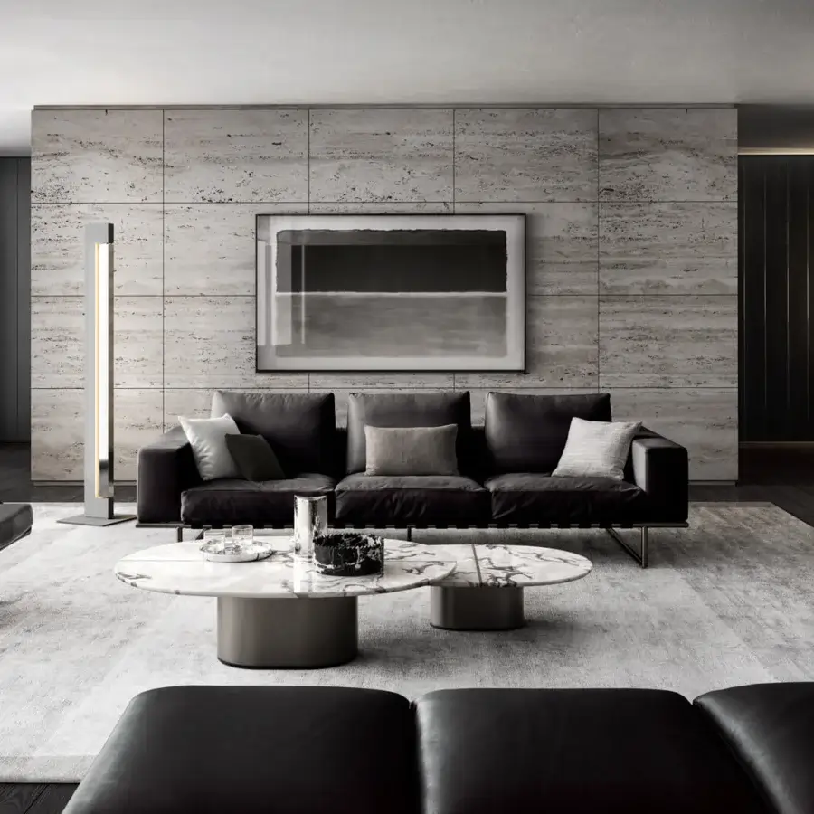 Distinguished 4 Mariani Giotto coffee table with light marble and dark lacquered plywood, presenting a smooth semi-gloss finish