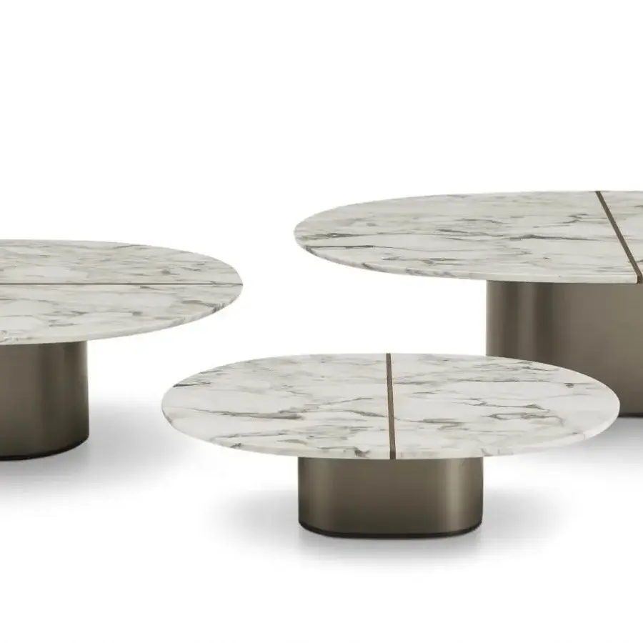 Distinguished 4 Mariani Giotto coffee table with oval marble top and lacquered dark bronze plywood base in a matte finish
