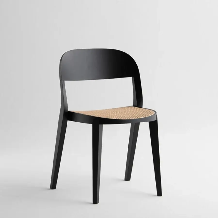Superior Potocco Minima Vienna Straw Version chair with sinuous wooden structure and hand-woven straw seat in matte black finish