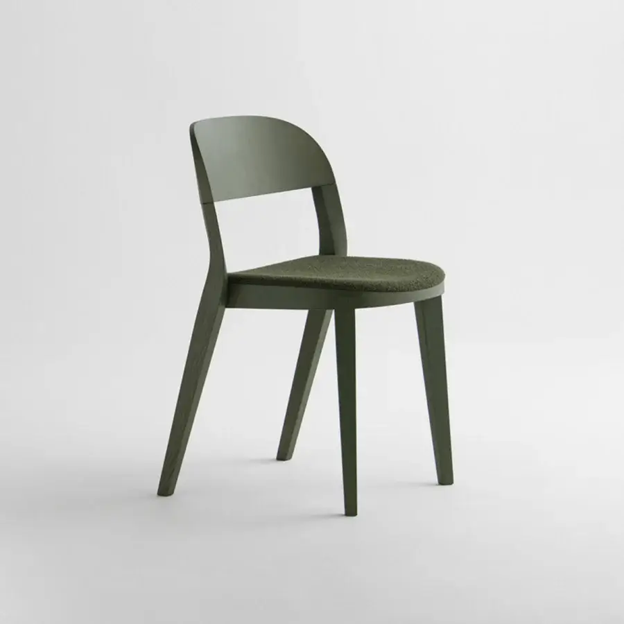 Distinguished Potocco Minima chair crafted in Italy with dark green fabric upholstery and a curved solid wood frame