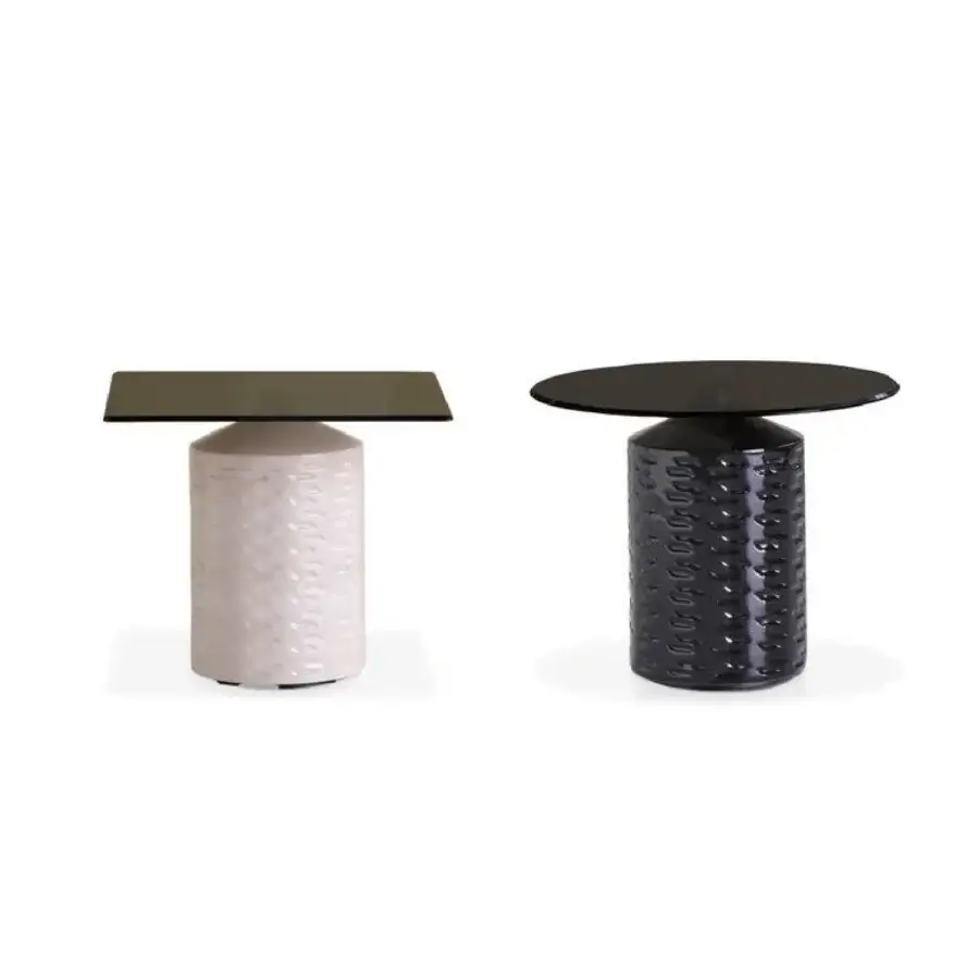 Superior Potocco Hishi side table with textured black ceramic base and sleek bronzed glass top crafted with bronzed brass stud detail