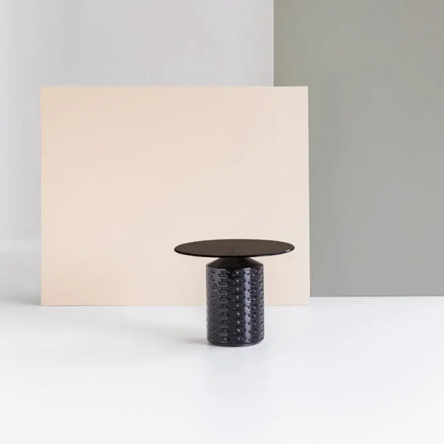 Distinguished Potocco Hishi side table with black ceramic base and bronzed brass stud, completed with Canaletto walnut wood or bronzed glass top
