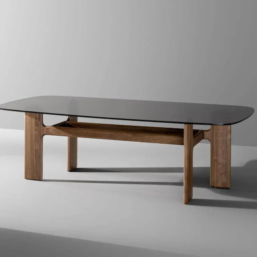 Exceptional Bonaldo Hippos table with a dark glass top and high-density matt painted polyurethane base in warm wood tones
