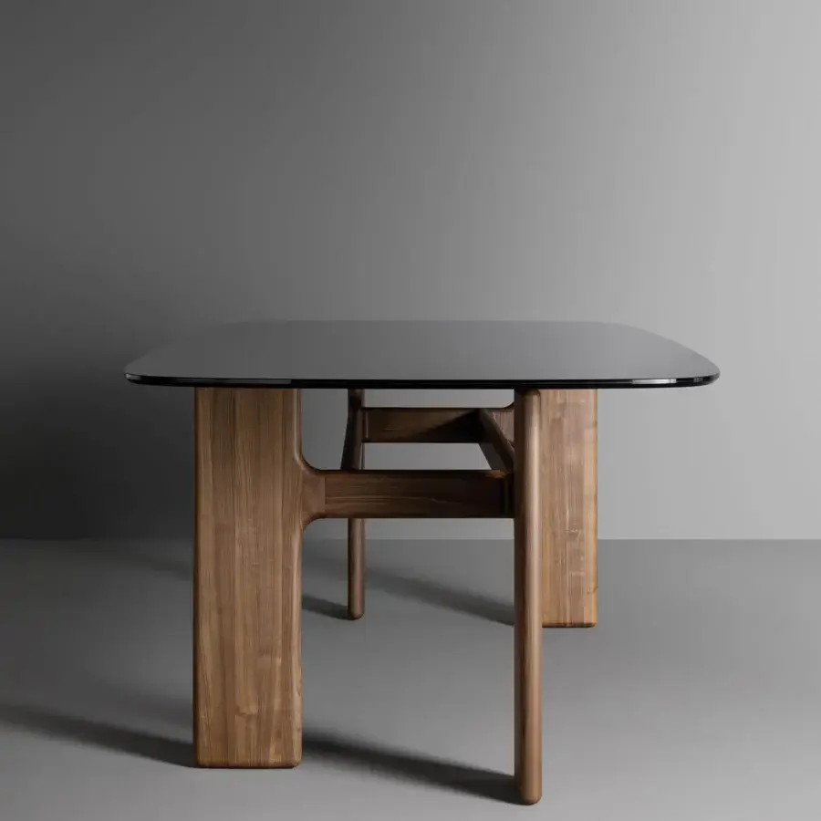 Superior Bonaldo Hippos table with a dark glass top and solid wood base crafted with a smooth matte finish