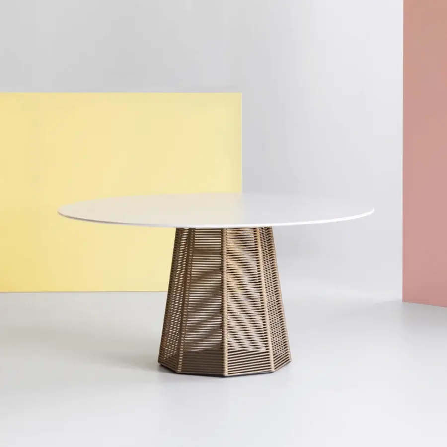 Elegant Potocco Sophie table with light tabletop and light brown “Gassa” nautical rope wrapped octagonal steel base with smooth finish