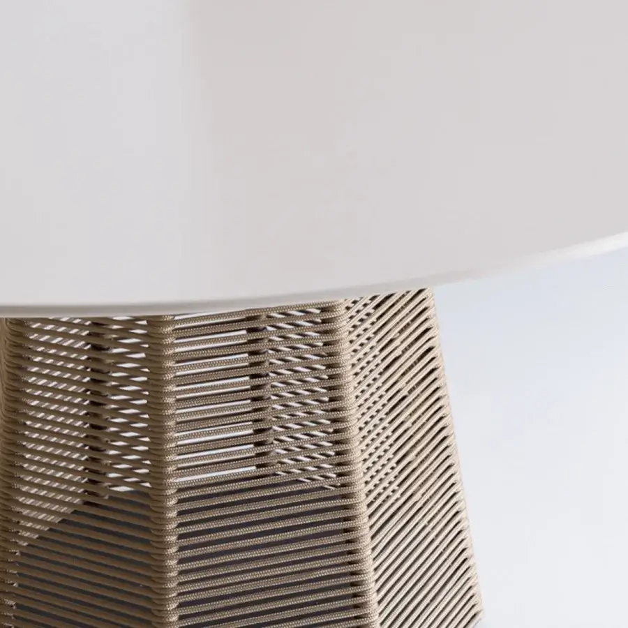 Distinguished Potocco Sophie table with cylindrical woven base and light gray natural stone top