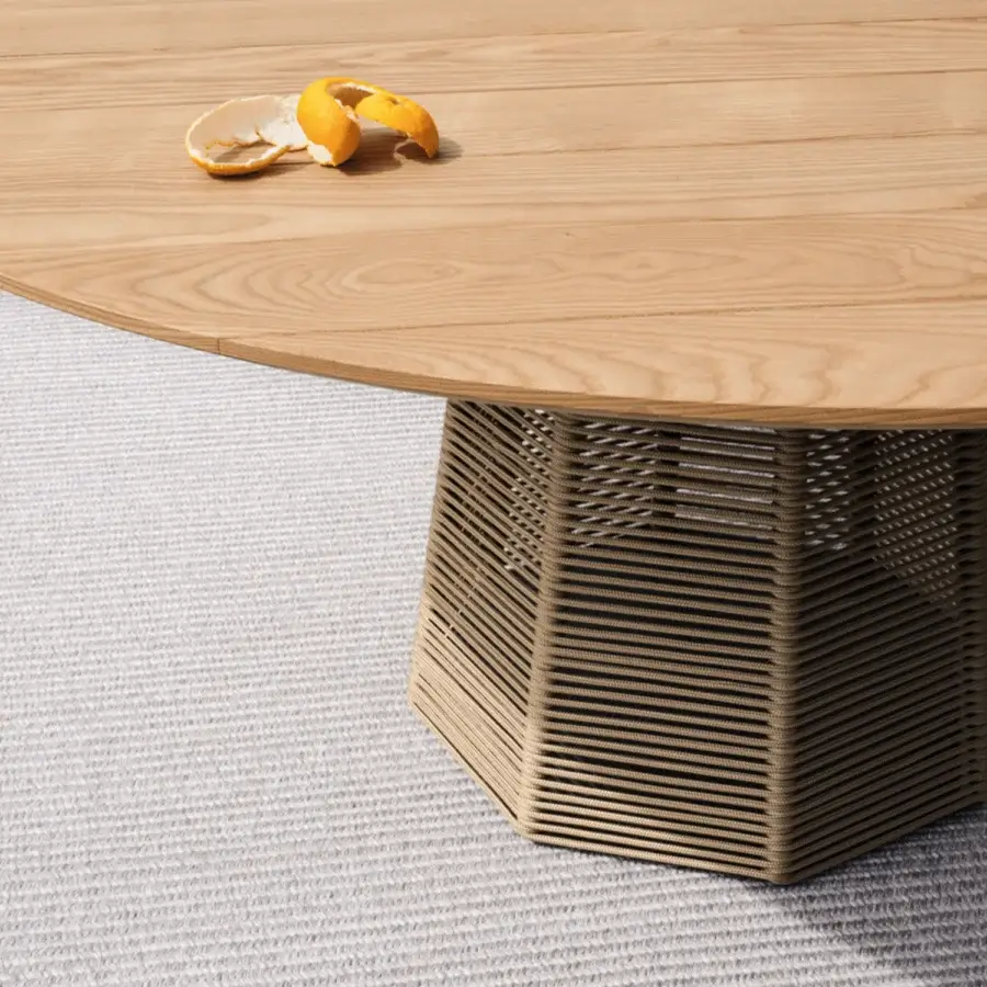 Exceptional Potocco Sophie table with light-colored ash wood top and octagonal steel base covered in tan nautical rope