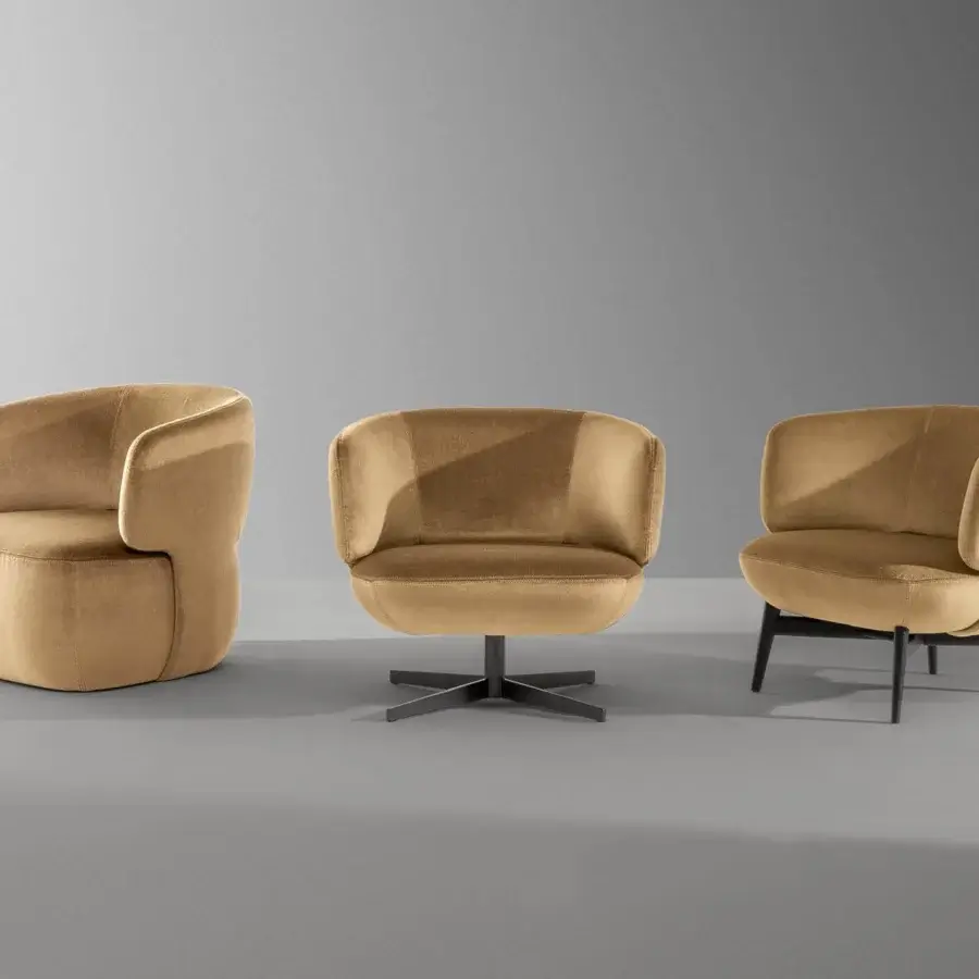 Exceptional Bonaldo Doge lounge chair in light brown textile with dark solid wood legs and matte finish