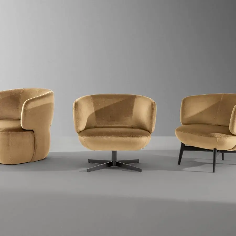 Distinctive Bonaldo Doge lounge chair with light brown textile upholstery and a matte finish metal base