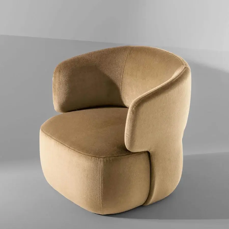 Distinctive Bonaldo Doge lounge chair with enveloping flaps upholstered in solid tan fabric and fixed base