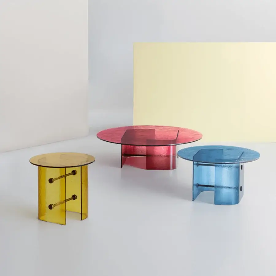 Elegant Potocco Double L Glaze coffee table crafted in cherry red glass with a unique curved support base