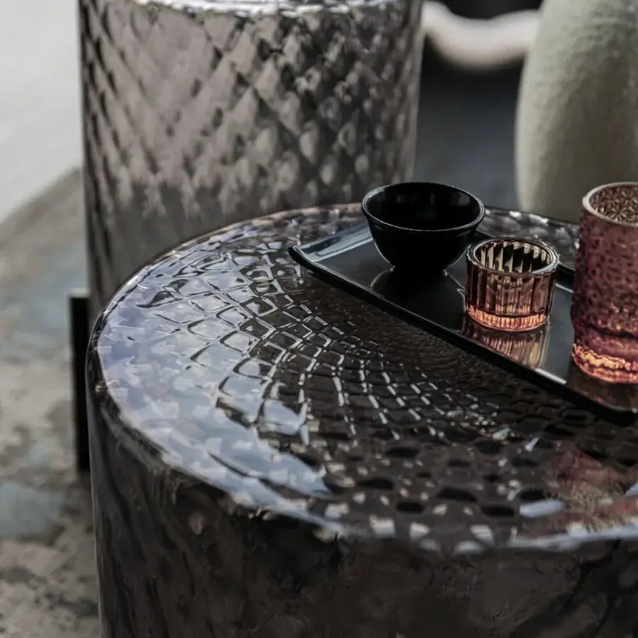 Distinguished Cattelan Italia Dodo side table crafted in reflective smoked crystal glass with a three-dimensional criss-crossing rhombi finish