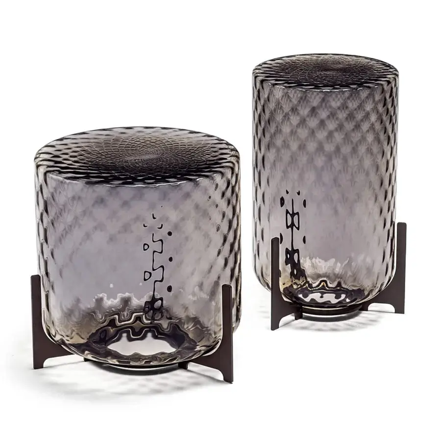 Exceptional Cattelan Italia Dodo side table with smoky gray textured glass and matte dark angular base