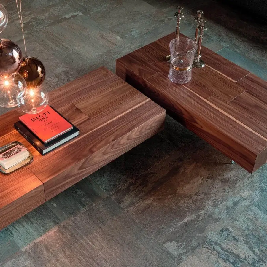 Distinguished Cattelan Italia Lingotto coffee table with Canaletto walnut top and transparent methacrylate feet in satin finish
