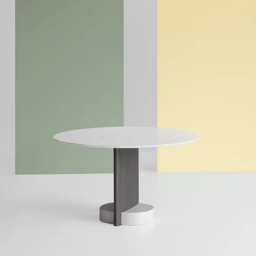 Distinguished Potocco Syn round table crafted in light-toned marble with a striking wooden leg and marble base