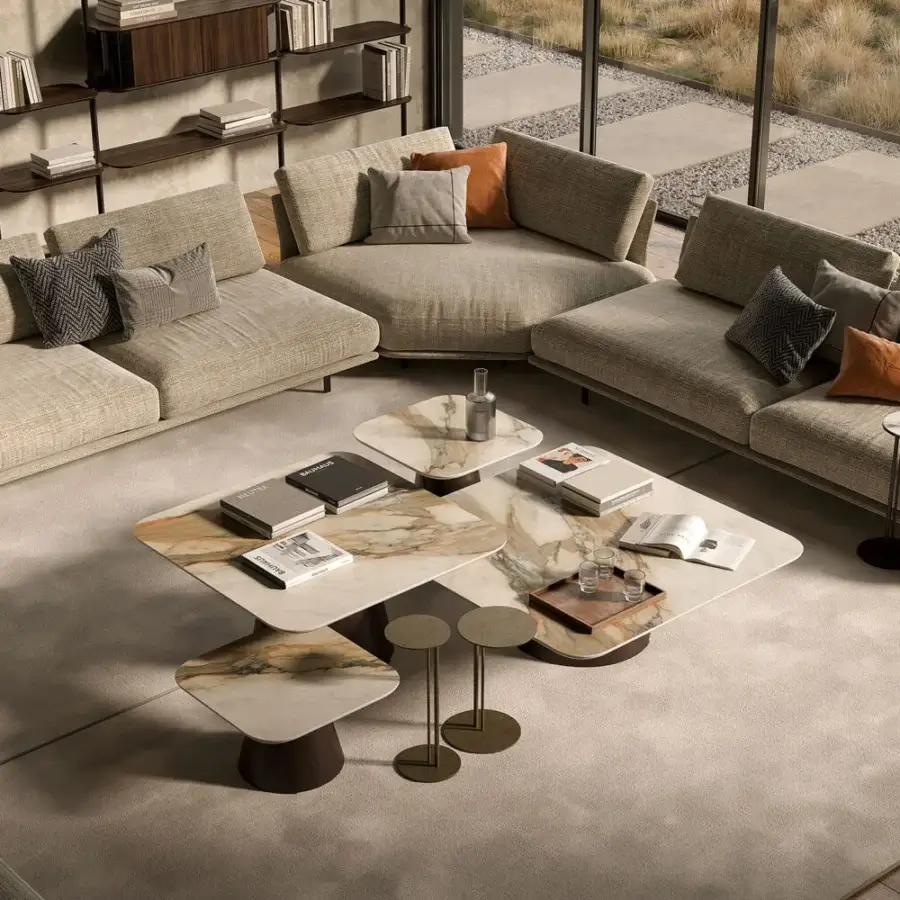 Superior Cattelan Italia Albert Keramik coffee table in cream and brown tones with conical dark brown metal base