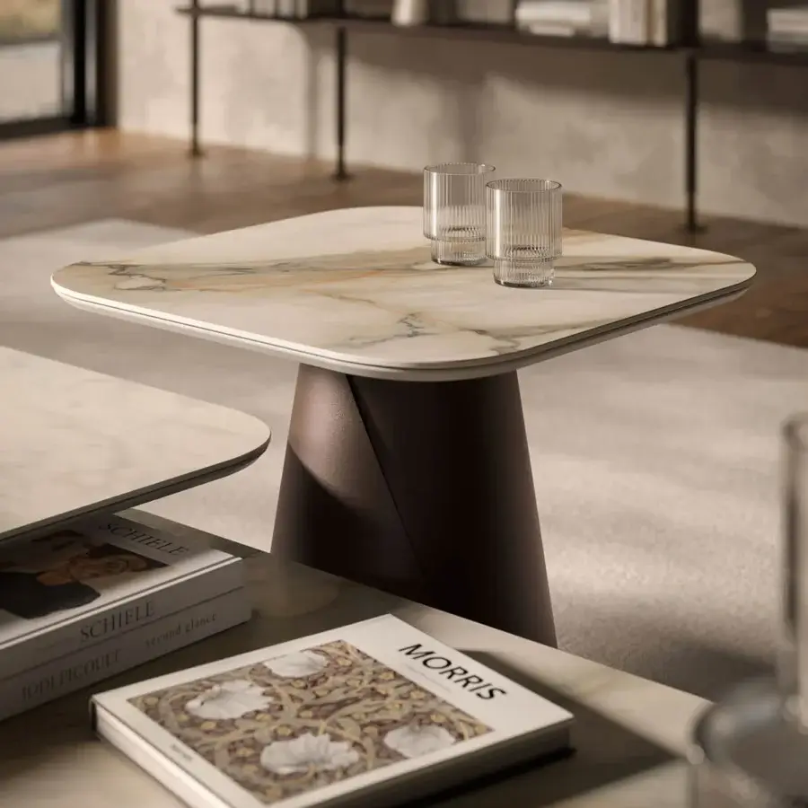 Captivating Cattelan Italia Albert Keramik coffee table with blended white, cream and light brown ceramic and conical dark brown metal base
