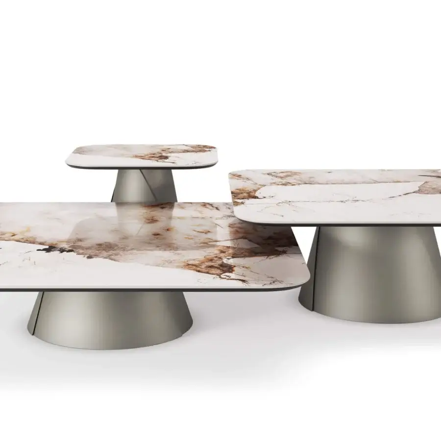 Elegant Cattelan Italia Albert Keramik coffee table with a white and brown marbled ceramic top and slender metal base