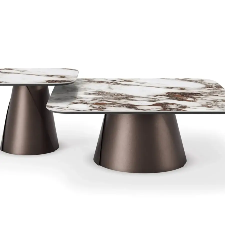 Distinguished Cattelan Italia Albert Keramik coffee table with white, brown, and grey marble-effect ceramic and bronze matte metal base