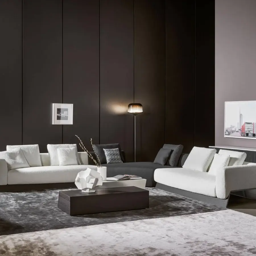 Distinguished Bonaldo Boolean sectional with enveloping style, linear silhouette, light textured fabric, and dark stained veneered wood base