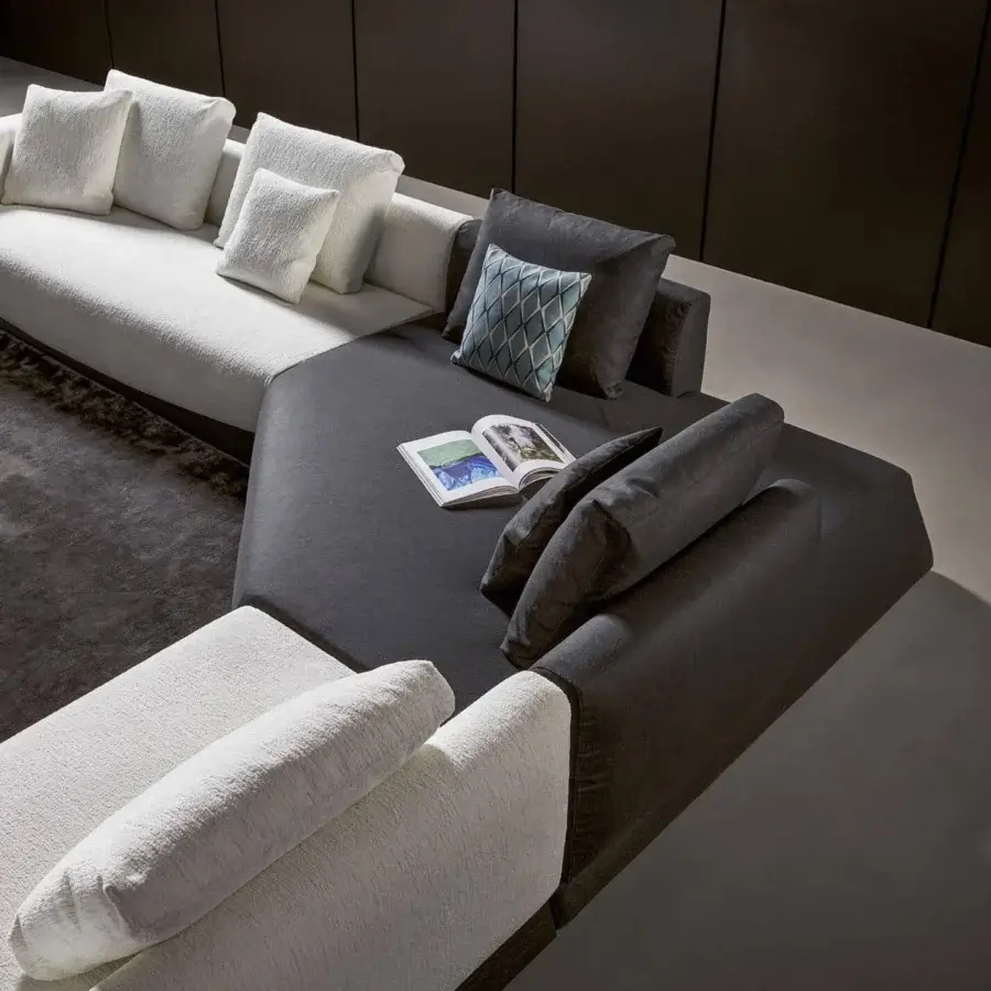 Exceptional Bonaldo Boolean sectional with geometric forms, bright white and deep gray fabric, plus veneered wood base