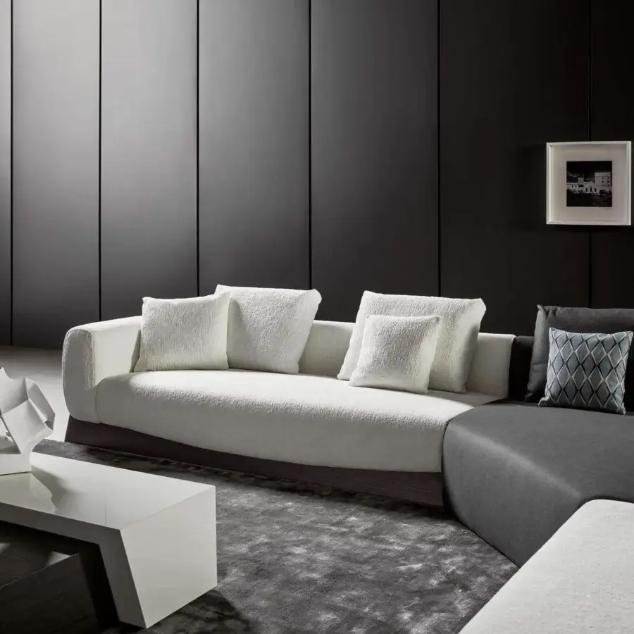 Superior Bonaldo Boolean sectional with enveloping style, linear silhouette and textured white fabric upholstery built on a veneered wood base