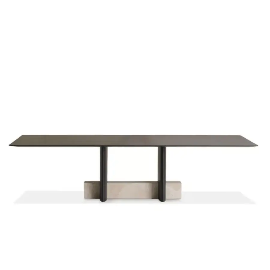 Superior Potocco Syn table with dark wood tabletop, sleek metal columns and contrasting light marble base crafted in Italy