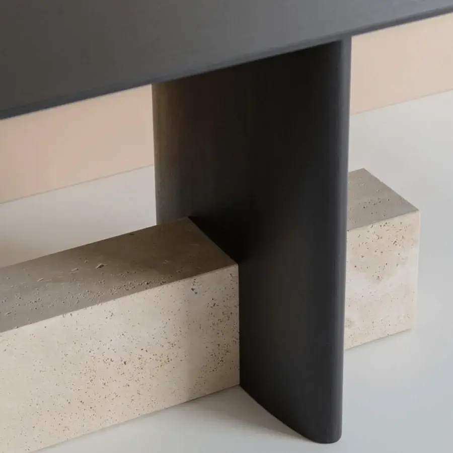 Exceptional Potocco Syn table with warm wood top, sophisticated marble base and inserts in matte finish