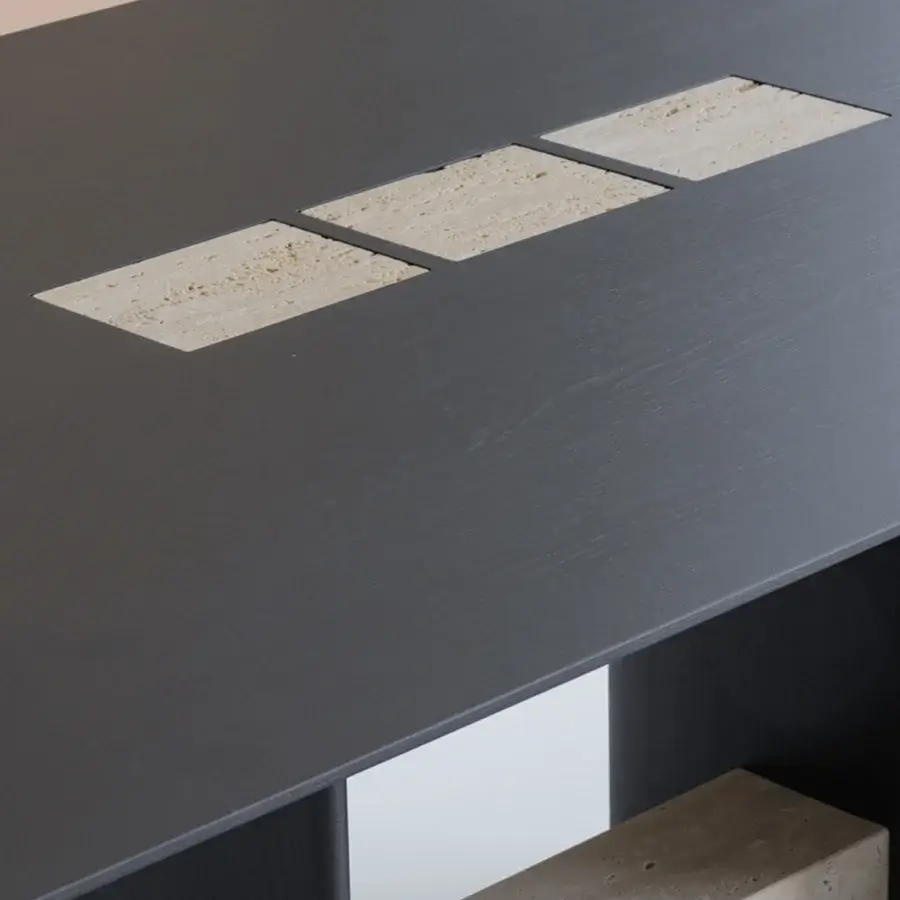 Elegant Potocco Syn table with a rectangular wood top and evenly spaced marble inserts in a dark finish