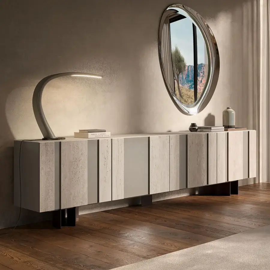 Distinguished Cattelan Italia Amsterdam sideboard with alternating vertical panels in textured light neutral ceramic and dark metallic legs