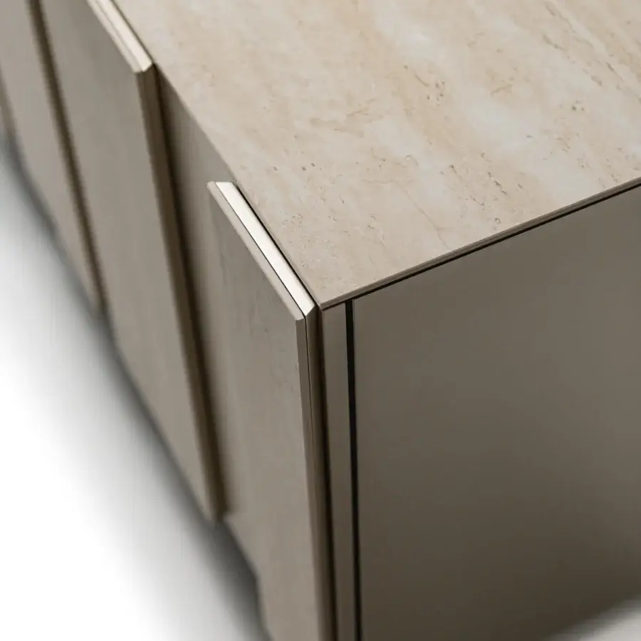 Superior Cattelan Italia Amsterdam sideboard with projecting ceramic inserts and silver metal trim in muted beige with a stone-like matte finish