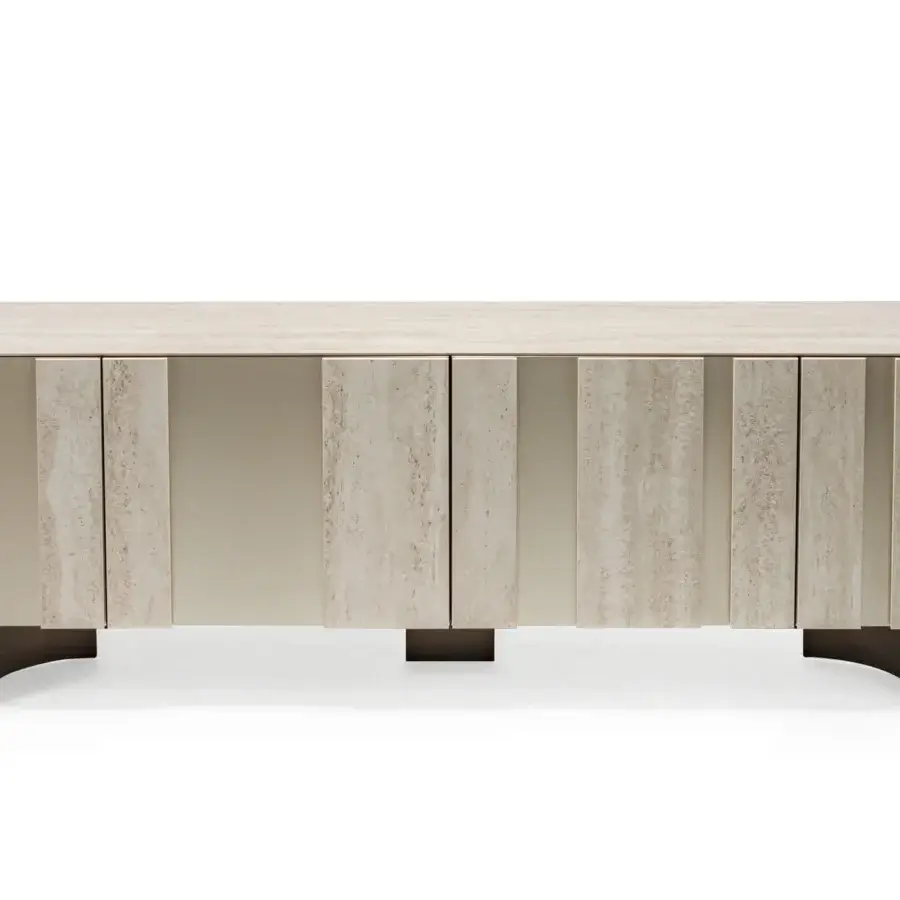 Elegant Cattelan Italia Amsterdam sideboard with marble-effect ceramic inserts and curved steel feet in light beige finish