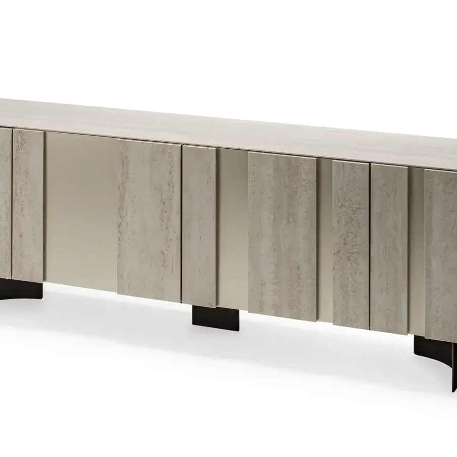 Distinguished Cattelan Italia Amsterdam sideboard with light ceramic doors displaying marble effect and a metallic frame built with curved steel feet