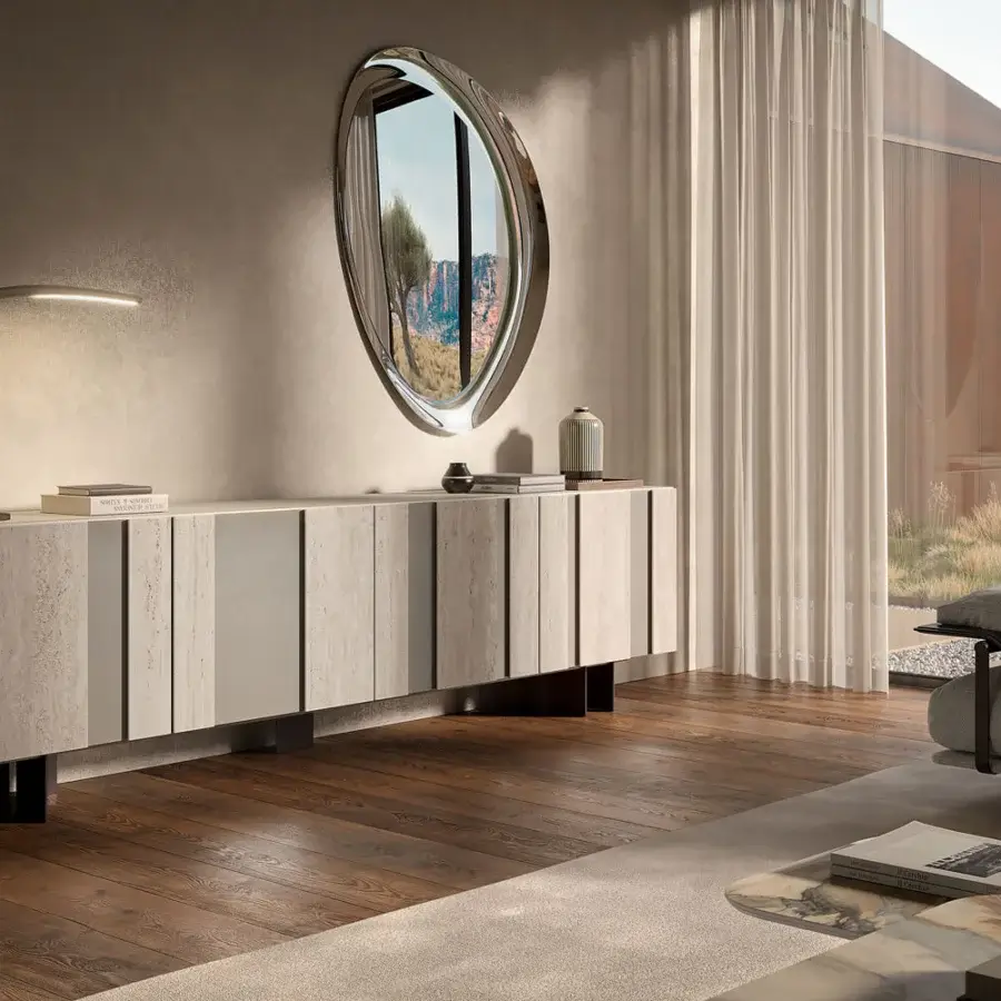 Superior Cattelan Italia Amsterdam sideboard with gray and beige ceramic inserts fitted into doors with a dark metal base