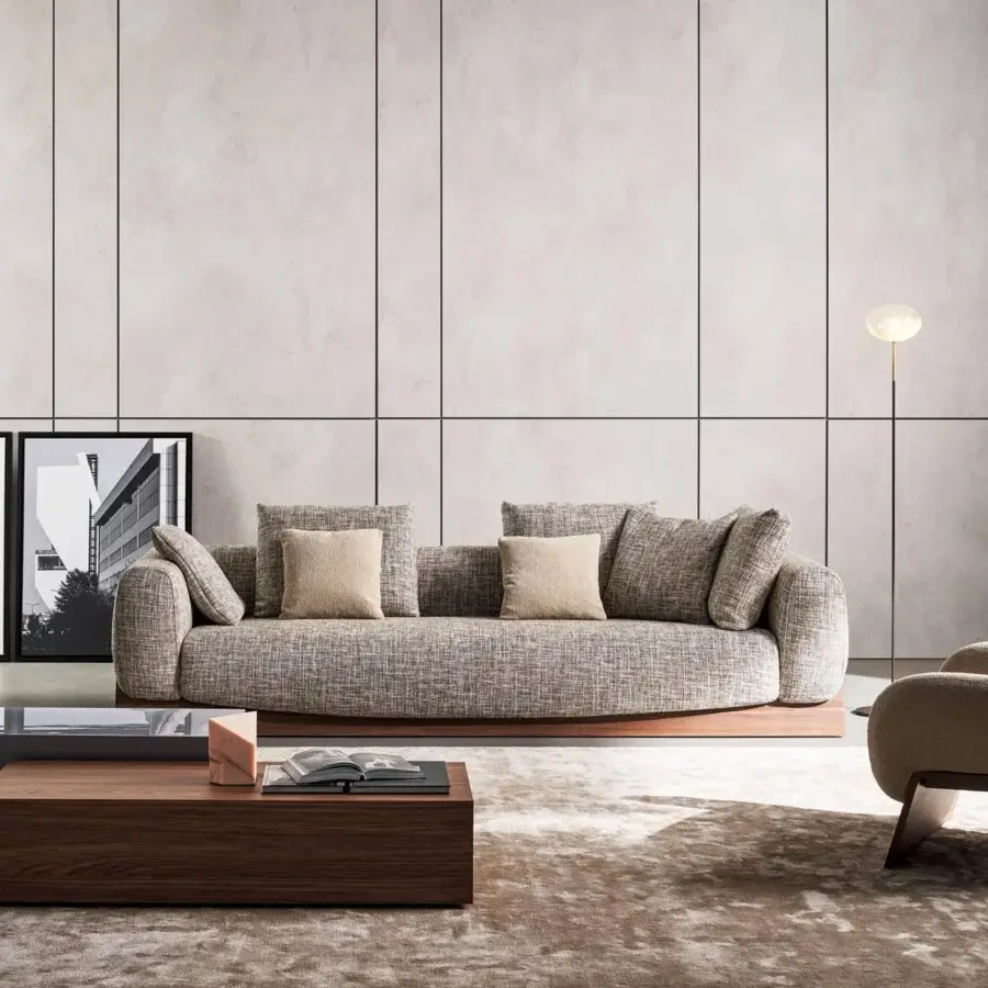 Distinguished Bonaldo Boolean sofa with veneered wood base and woven upholstery in mixed gray and brown tones