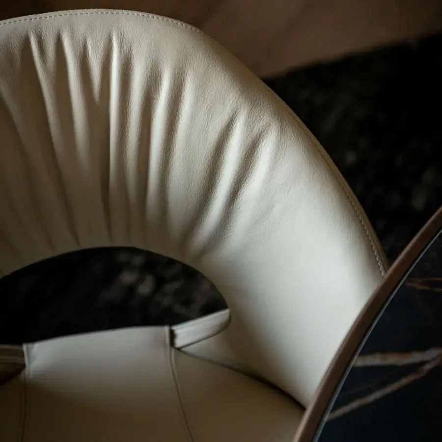 Distinctive Cattelan Italia Dafne chair with perforated backrest and light-colored upholstery exhibiting contemporary Italian craftsmanship