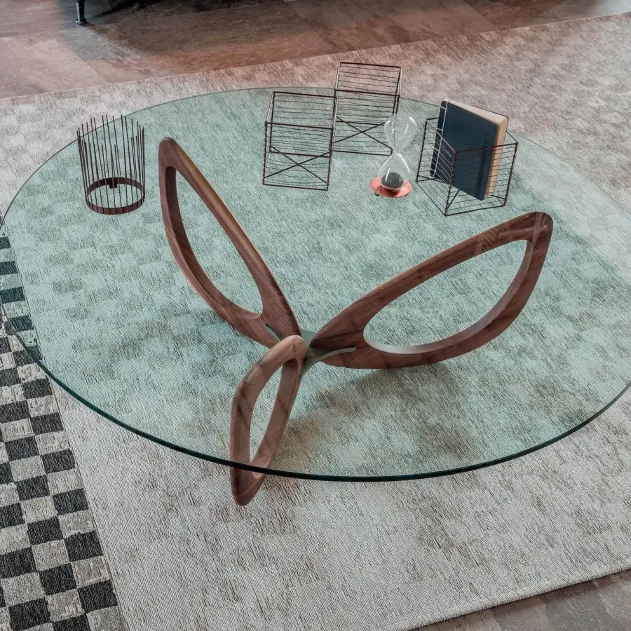 Superior Cattelan Italia Helix coffee table with transparent glass and sculpted solid wood legs built with sleek steel accents