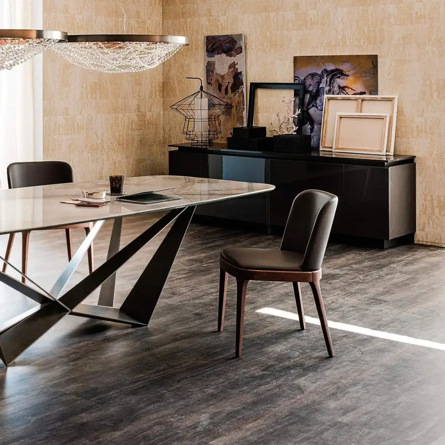 Sophisticated Cattelan Italia Magda chair with enveloping backrest in dark brown material and smooth wood finish
