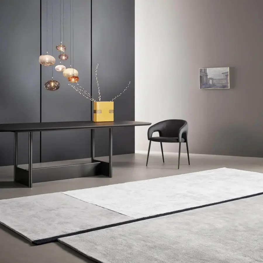 Distinguished Bonaldo Rabat rug crafted in Italy with light gray and white wool and Tencel displaying a vertical stripe design
