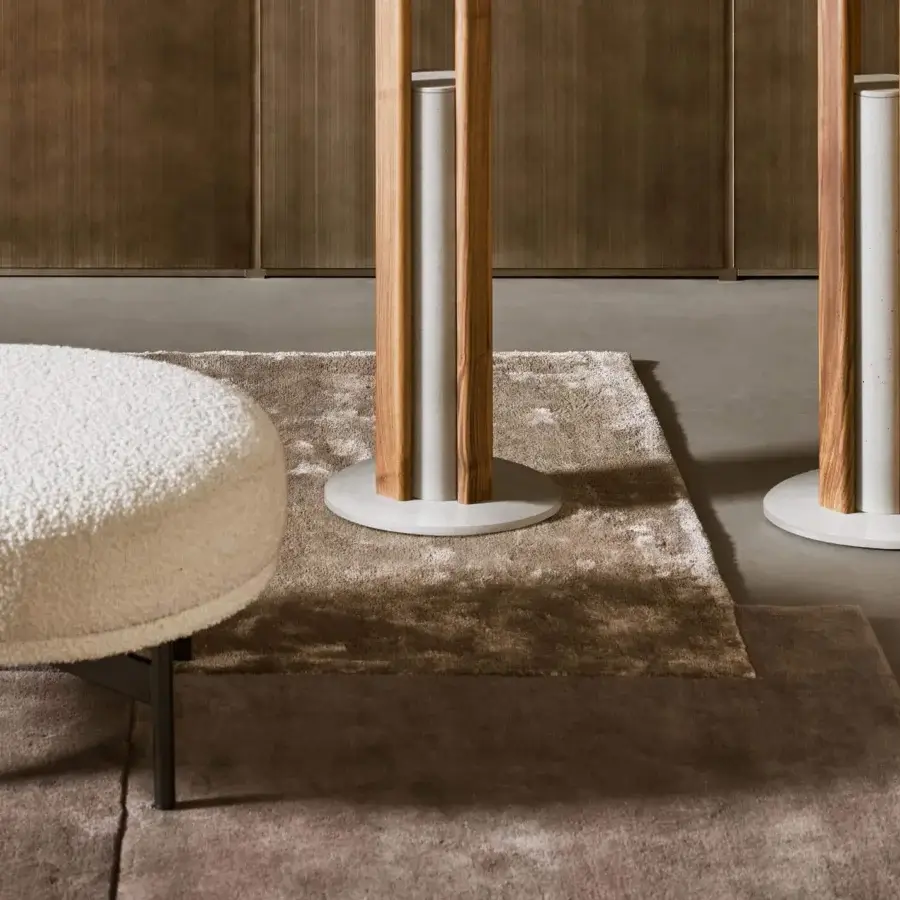 Lavish Bonaldo Rabat rug crafted from 70% wool and 30% Tencel with contrasting brown textures and a layered finish