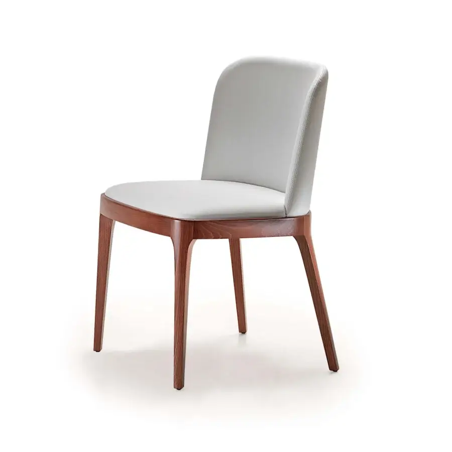 Elegant Cattelan Italia Magda chair with enveloping backrest in light gray synthetic material and smooth matte finish with warm brown wood frame