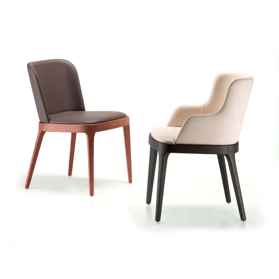 Superior Cattelan Italia Magda chair with enveloping form upholstered in brown material and reddish-brown wooden frame