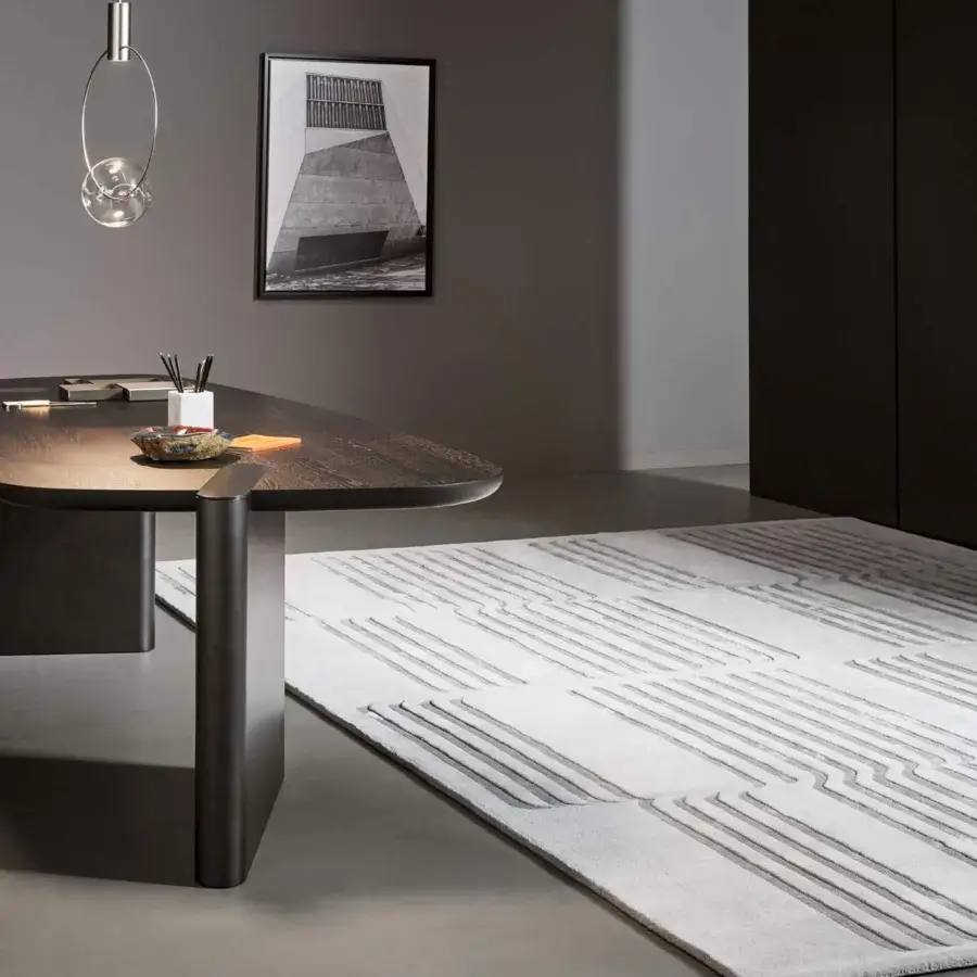 Sophisticated Bonaldo Tangeri rug with linear gray accents on white textile crafted in Italy from wool and Tencel