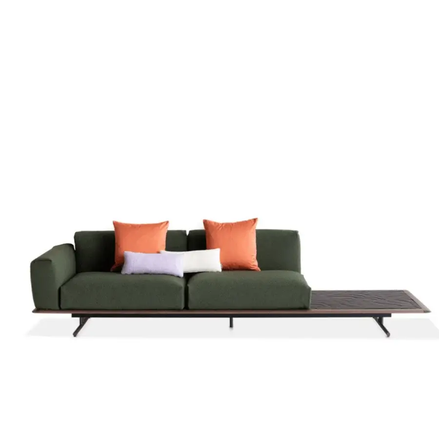 Distinguished Potocco Graphic sofa with solid ash wood structure upholstered in dark green textile and orange, white, lavender pillows